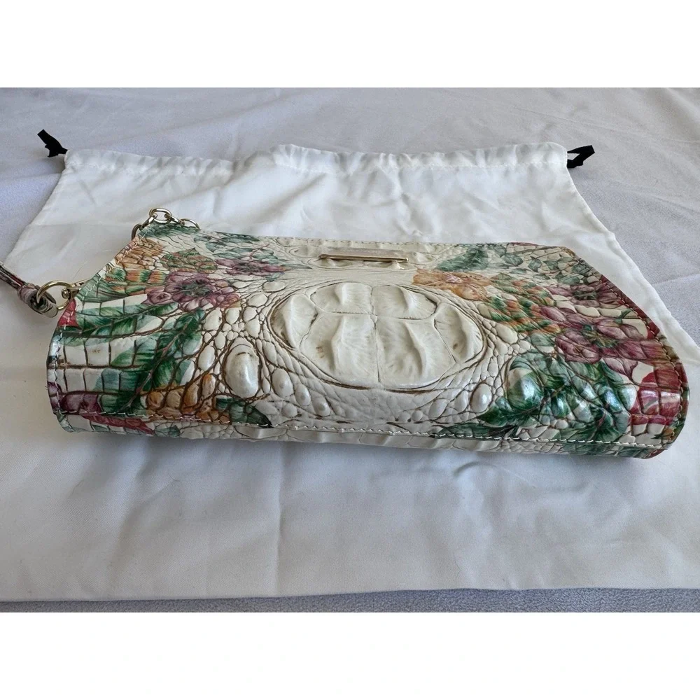 Brahmin Millie Ivory Tahiti Leather Embossed Floral Wristlet Wallet DustBag RARE